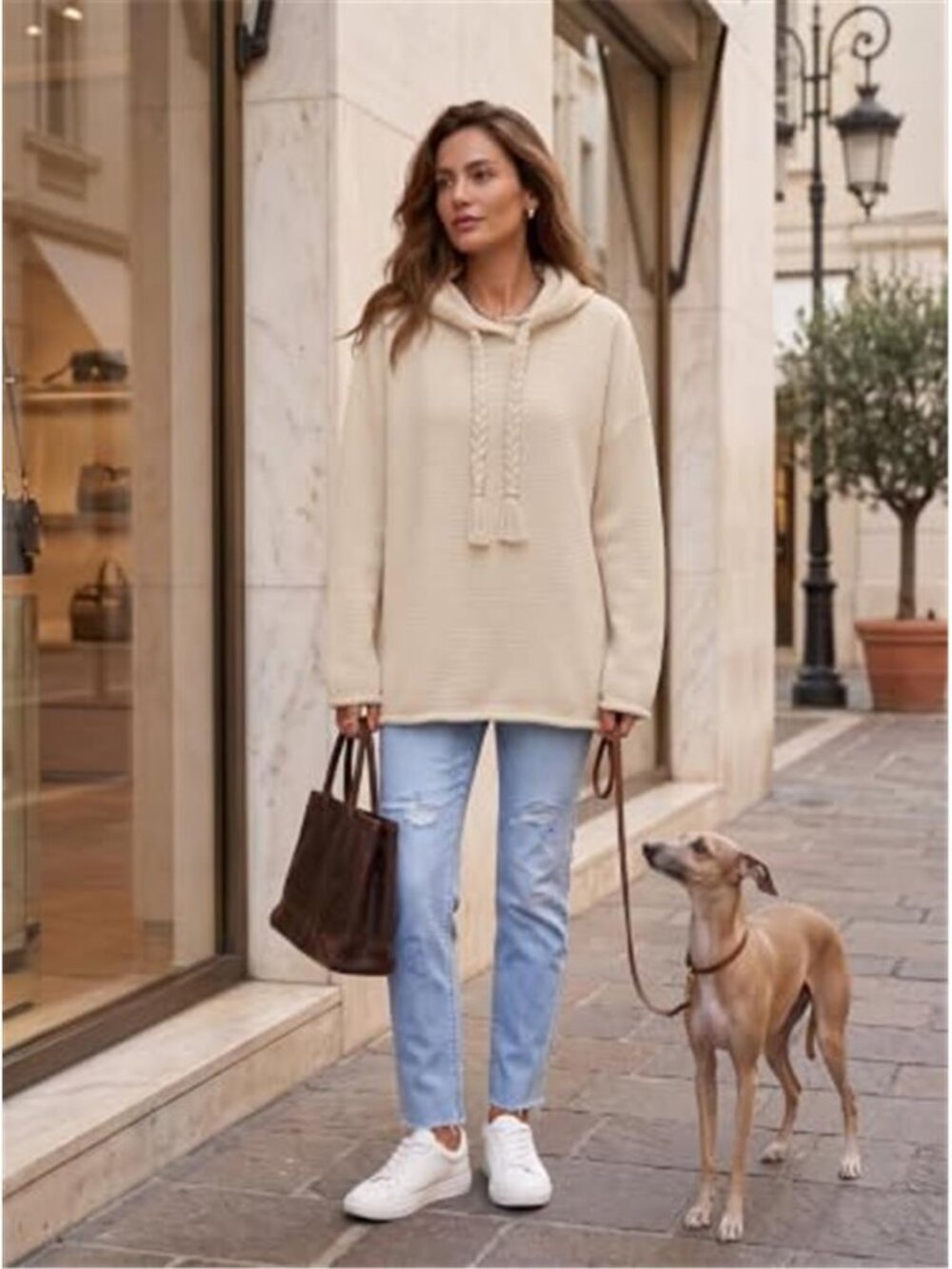 Apricot Oversized Knit Hoodie Sweater Chunky Pullover Braided Tassel Drawstring - Picture 9 of 10